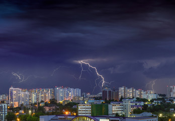 Night evening storm lightnings panorama Kiev Ukraine city