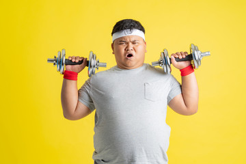 Fat men are exercising by lifting weights.