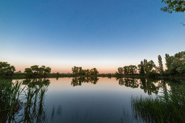 Obraz premium The blue sky and the trees on the shore are reflected in the water at sunset..