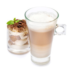 Classic tiramisu dessert in a glass and cup of coffee isolated on a white background with clipping path