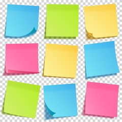 Realistic sticky note with shadow. Yellow paper set. Message on notepaper. Reminder. Vector illustration.