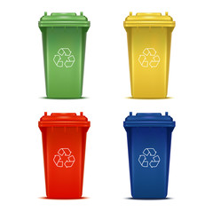 Realistic 3d Detailed Color Bins with Recycle Signs Set. Vector