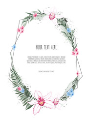 Floral Greeting Card with Blooming orchid and garden flowers