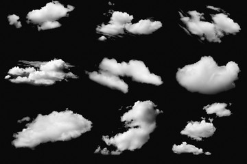 Set of clouds white fluffy on isolated elements black background.