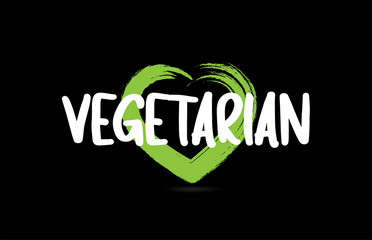 vegetarian text word with green love heart shape icon on black background