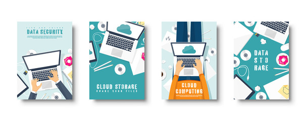 Cloud computing flat style covers set. Media, data server. Web storage. Digital technologies. Internet connection. Vector illustration.
