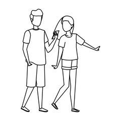 young couple using smartphone characters