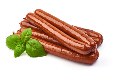 Grilled bratwurst Pork Sausages with basil leaves, close-up, isolated on white background