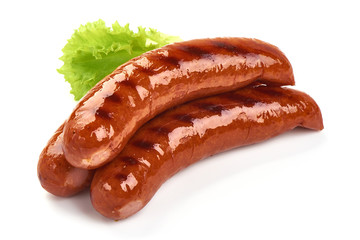 Grilled pork sausages with lettuce, close-up, isolated on white background