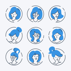 Simple set of woman's avatars icons. Flat line vector illustration isolated.