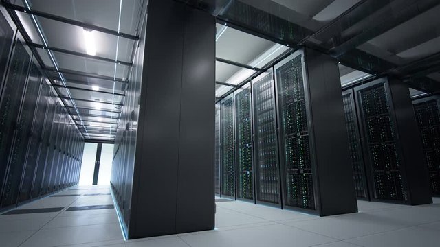 Camera moving in data center in dim light showing racks of server equipment shared by numerous passages. Seamlessly looped photorealistic 3D render animation.