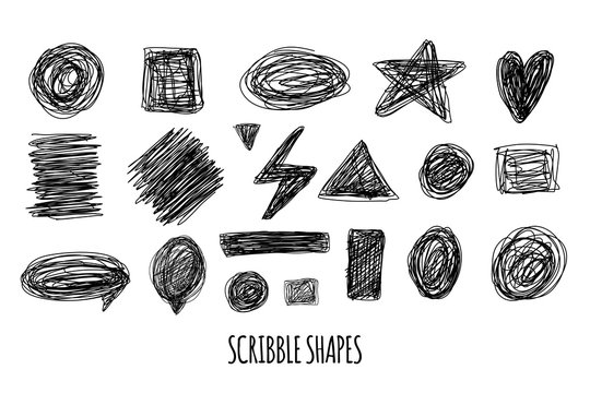 Scribble texture set. Pencil drawing with shapes of circle, star, heart. Chaotic sketch elements