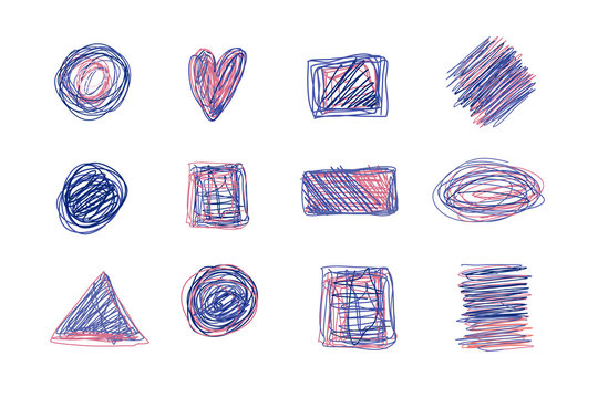 Colorful Scribble texture set. Pencil drawing with shapes of circle, star, heart. Chaotic sketch elements