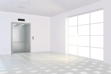 Obraz na płótnie Canvas Large window with light on floor near of empty elevator cabin. 3d rendering
