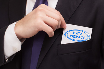 Business, technology, internet and networking concept. Young entrepreneur showing keyword: Data...