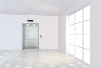 Large window with light on floor near of empty elevator cabin. 3d rendering