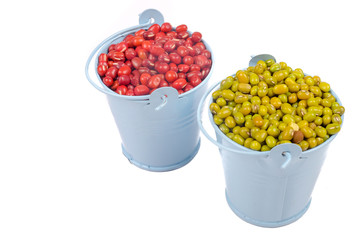 Green beans and red beans in mini bucket isolated  on white background