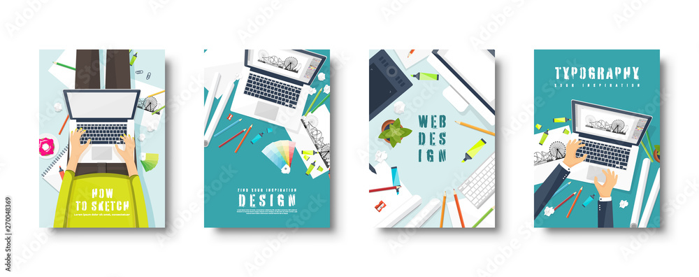 Wall mural graphic and web design. flat style covers set. designer workplace with tools. user interface design.
