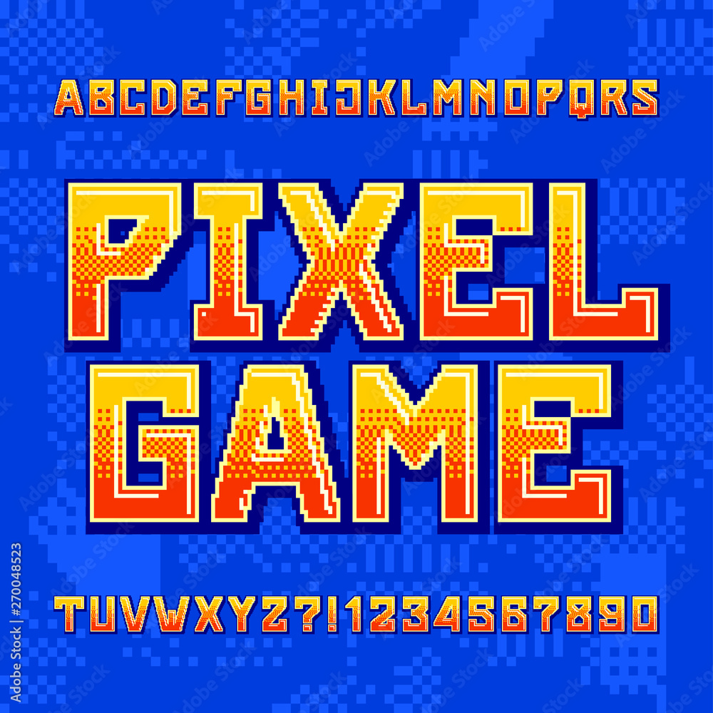 Poster pixel game alphabet font. digital gradient letters and numbers on pixelated background. 80s retro ar
