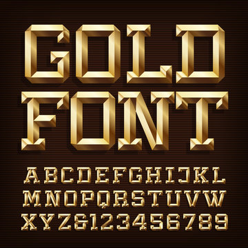 Gold alphabet font. 3d gold letters and numbers with bevel. Stock vector typescript for your typography design.