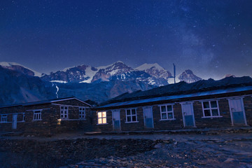 night landscape of Annapurna circuit base camp, stars over Himalaya mountains, Nepal trekking