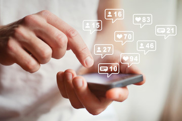 social media or network on smartphone mobile, comments, likes and new followers, communication...