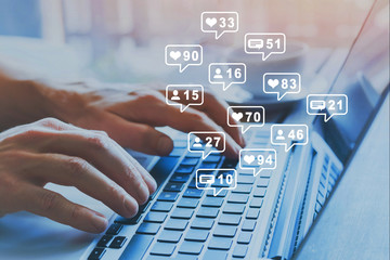 Social media marketing SMM, likes, followers and comment on internet, online business, hands typing...