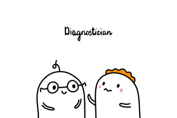 Diagnostician hand drawn vector illustration in cartoon style. Men doctor and patient talking