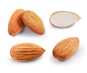 Almonds isolated on white background. Collection. Set.  Whole and half peeled nuts