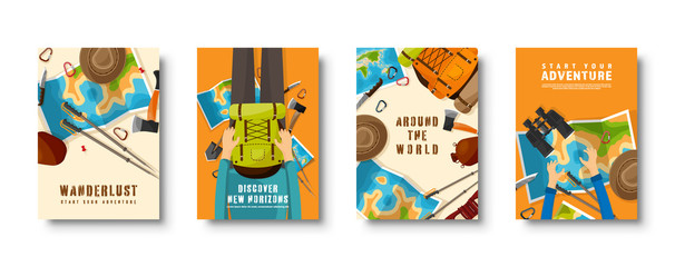 Travel and tourism flat style covers set. World, earth map navigation. Journey, summer time holidays. Travelling, exploring worldwide. Vector illustration.