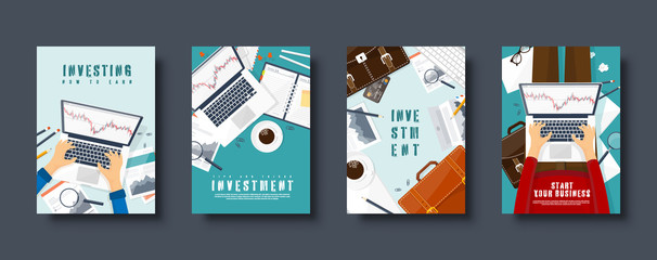 Flat style covers set. Market trade. Trading platform account. Moneymaking, business. Analysis and investing. Vector illustration.