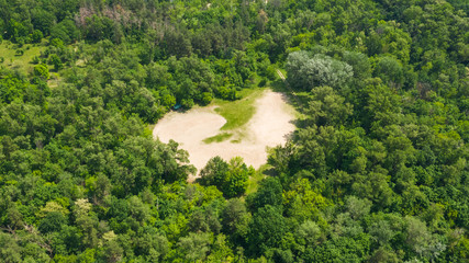 Fototapeta na wymiar Top down photo of glade and young forest in spring or summer day. Natural green foliage background. Aerial view drone image.