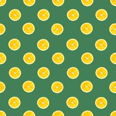 Summer seamless pattern with lemons slice on green background. Lemon texture design for textiles, wallpaper, fabric. Geometric ornament