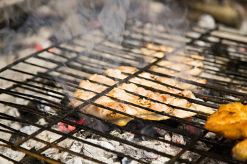 Grilled meat grill with wood fire