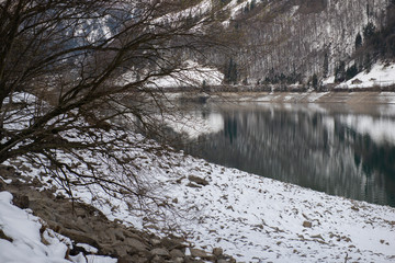 Aerial view of mountains lake Lungernersee, Lungern, Switzerland