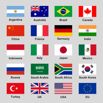 Vector collection set of G20 states (major economies) official flags in 4:3 ratio