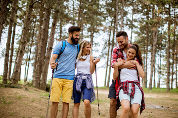 Fototapeta premium Happy young group hiking together through the forest