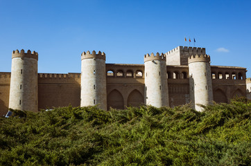 Zaragoza, Aragon, Spain - February 14th, 2019 : Walls of the Aljafería Palace Unesco World Heritage Site.