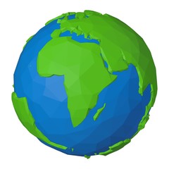 Polygonal icon of Africa on globe with green continent and blue water