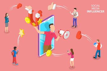 Fototapeta premium Isometric flat vector concept of social media influencer, digital marketing strategy, promotional advertising campaign.