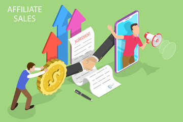 Isometric flat vector concept of affiliate sales, marketing strategy, referral program, partnership agreement.