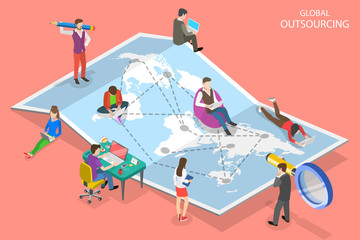 Isometric flat vector concept of global outsourcing, company remote management, distributed team, freelance job.