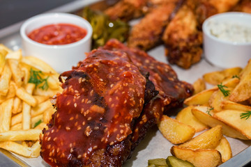 Young business lady works with virtual graphic interface in futuristic office