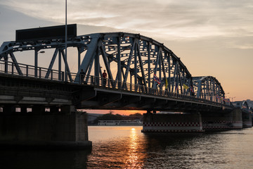 Bridge across Chao Phraya River in the beautiful evening, Twilight time Bnagkok, Thailand. (Krung Thep Bridge)