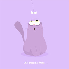 Cute purple cat in action. Flat vector illustration eps 10