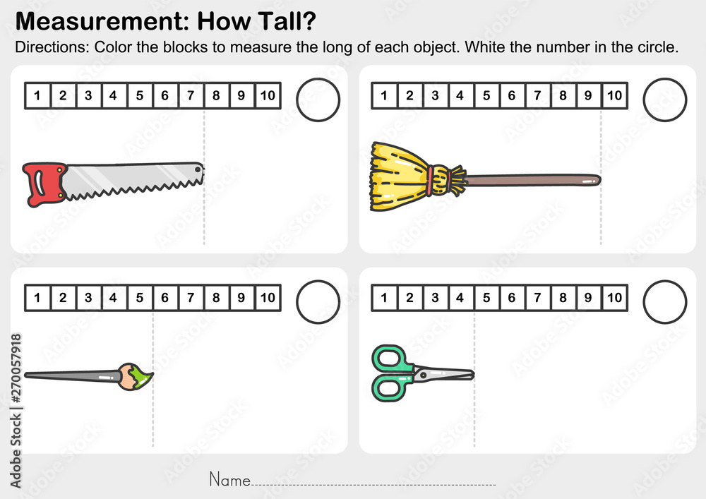 Wall mural measurement worksheet - color the blocks to measure the long of each object. white the number in the