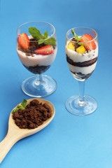 Beautiful food set of layer of milk Yogurt with topping by strawberry and brown cracker