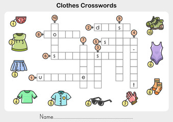 Naklejka premium Clothes Crosswords - Worksheet for education.