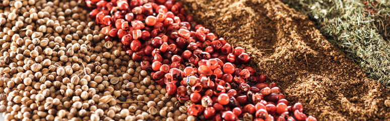 close up view of traditional aromatic indian spices in rows, panoramic shot
