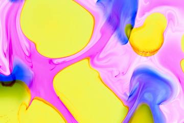 Watercolor and acrylic abstract. Colorful background. Mix, splashes and drawings of colors: pink, yellow, blue